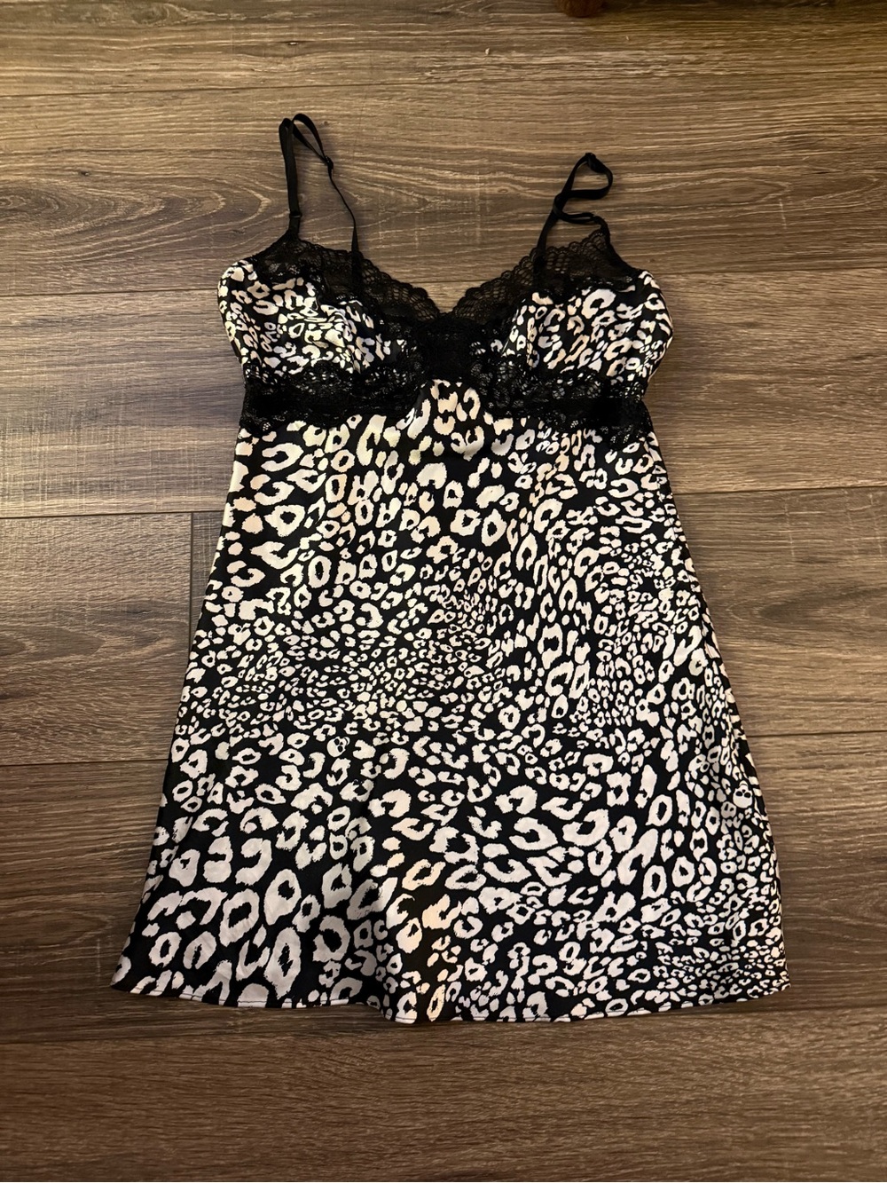 Victoria's Secret Black and White Leopard Lace-Trim Chemise
